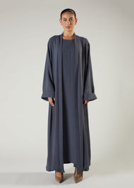 Two Piece Open Abaya With Slip Dusty Blue